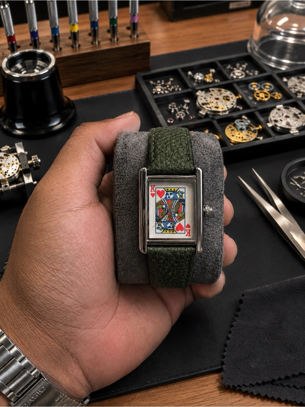 Green Leather Strap Watch with Playing Card Dial